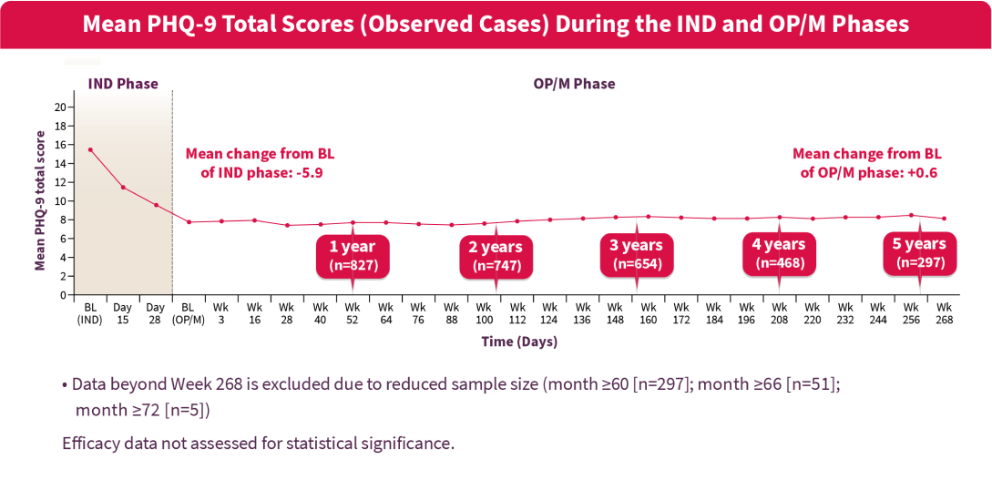 Mean PHQ-9 Total Scores (Observed Cases) during the induction and optimization/maintenance phases over 5 years